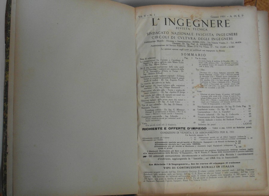 AA.VV. L'INGEGNERE. RIVISTA TECNICA E SINDACALE. ... - Copertina