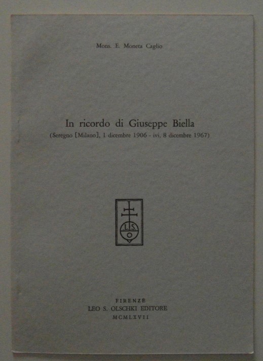 Moneta Caglio E. IN RICORDO DI GIUSEPPE BIELLA. - Copertina