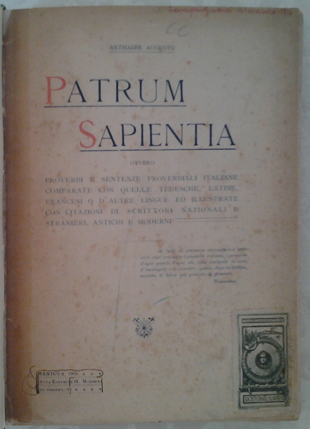 Arthaber Augusto PATRUM SAPIENTIA. OVVERO PROVERBI... - Copertina