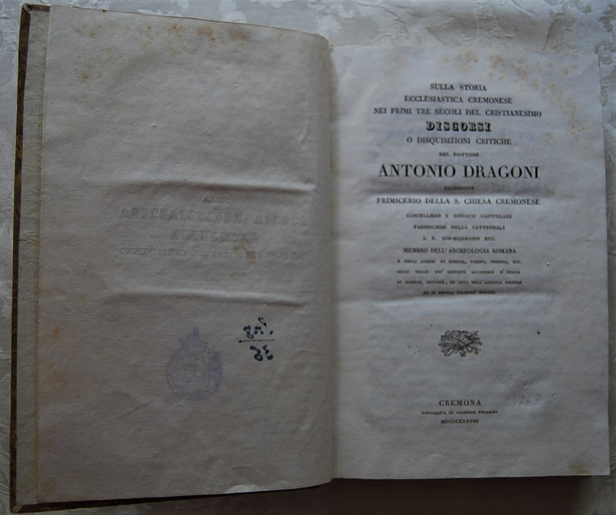 Dragoni Antonio SULLA STORIA ECCLESIASTICA ... - Copertina