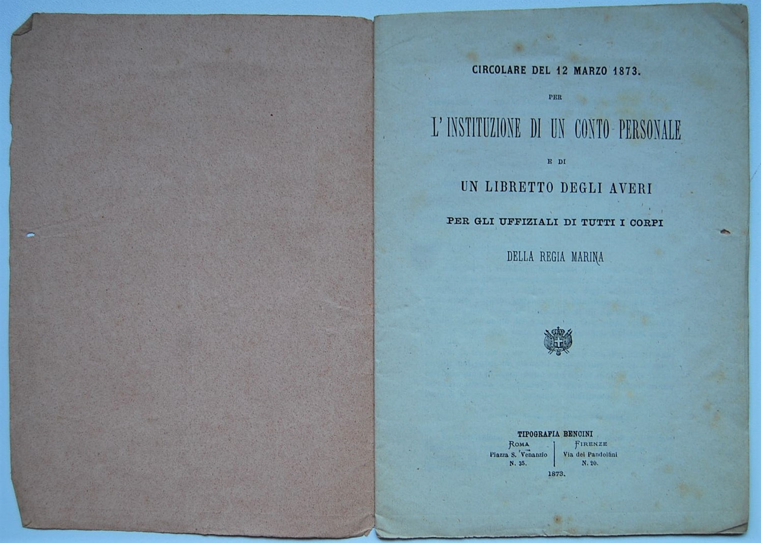  CIRCOLARE DEL 12 MARZO 1873 PER L'ISTITUZIONE DI ... - Copertina