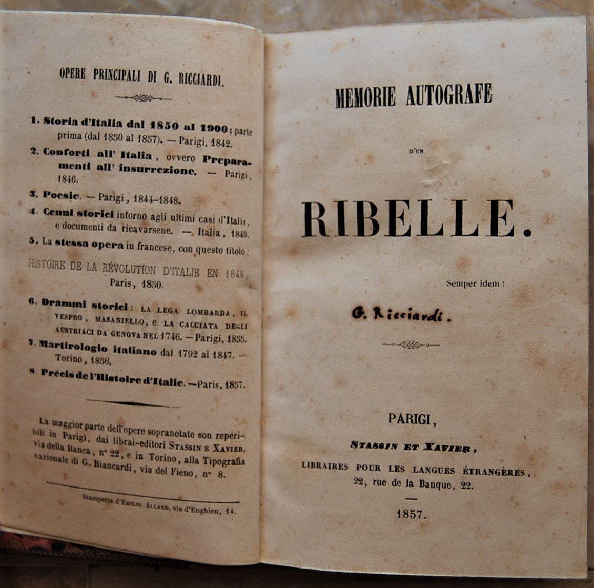 Ricciardi Giuseppe MEMORIE AUTOGRAFE D'UN RIBELLE. - Copertina