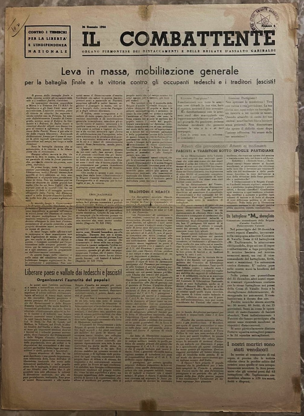  IL COMBATTENTE. 26 GENNAIO 1944. NUMERO 6. - Copertina