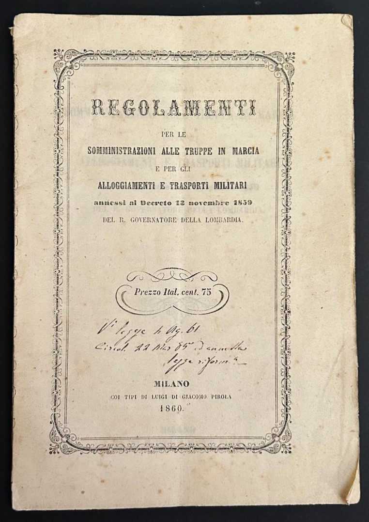  REGOLAMENTI PER LE SOMMINISTRAZIONI ALLE TRUPPE ... - Copertina